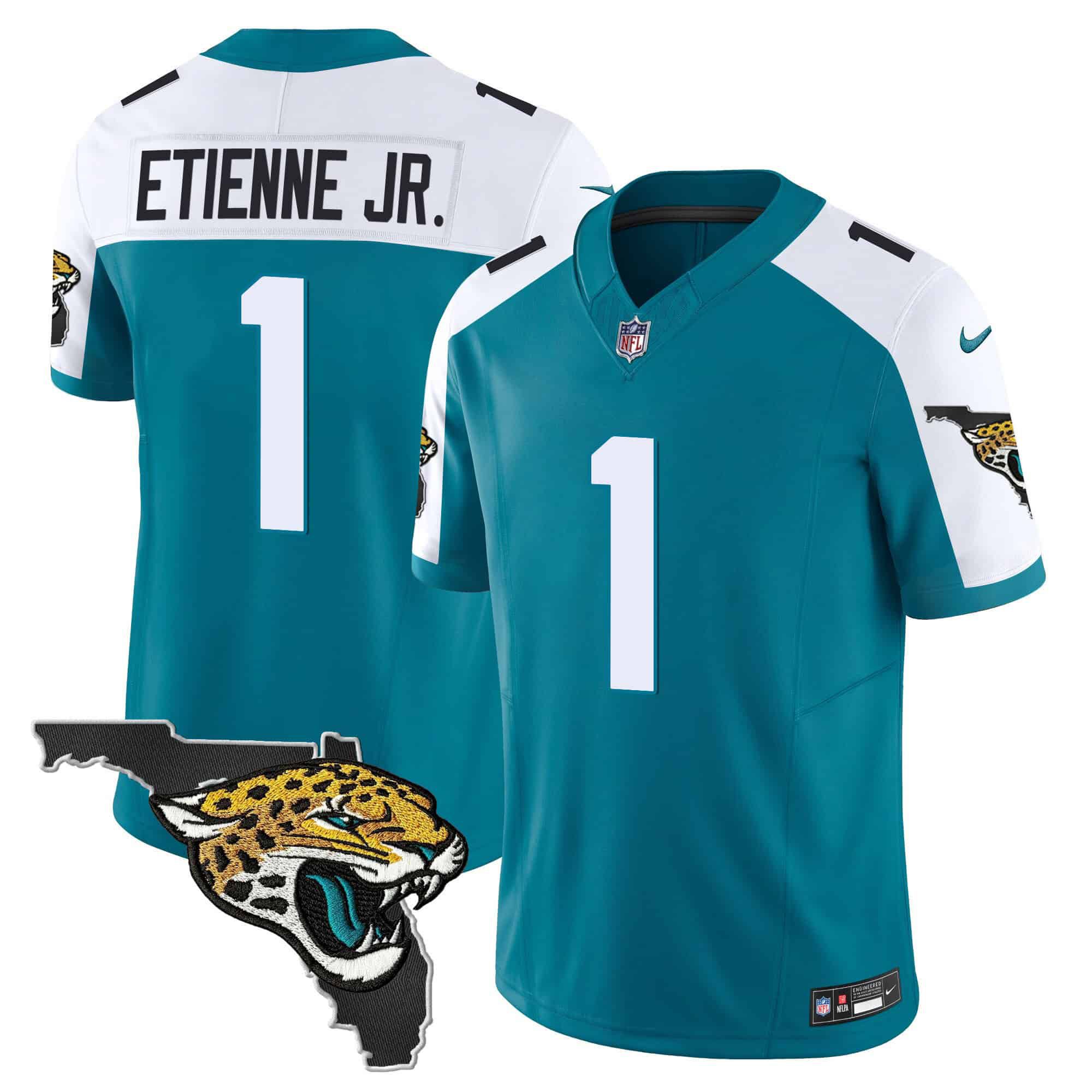 Men Jacksonville Jaguars 1 Etienne jr Green 2024 Nike Florida Patch Vapor NFL Jersey